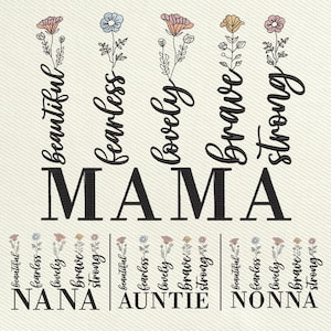 Könnte beinhalten: Ein druckbares Design mit dem Wort "MAMA" in großen schwarzen Buchstaben. Die Wörter "beautiful", "fearless", "lovely", "brave" und "strong" sind vertikal in einem floralen Design geschrieben. Die Wörter "NANA", "AUNTIE" und "NONNA" sind unter dem floralen Design geschrieben.