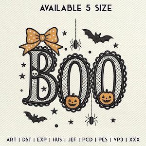 Lace Boo Embroidery Design, Halloween Coquette Bow, Pumpkin Fall Embroidery Pattern, Machine Embroidery File, Instant Download