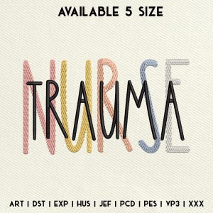 May include: Embroidered design of the word "TRAUMA" with the letters in different colors, including pink, yellow, orange, and blue. The text "AVAILABLE 5 SIZE" is at the top of the image. The text "ART I DST I EXP | HUS | JEF | PCD | PES | VP3 | XXX" is at the bottom of the image.