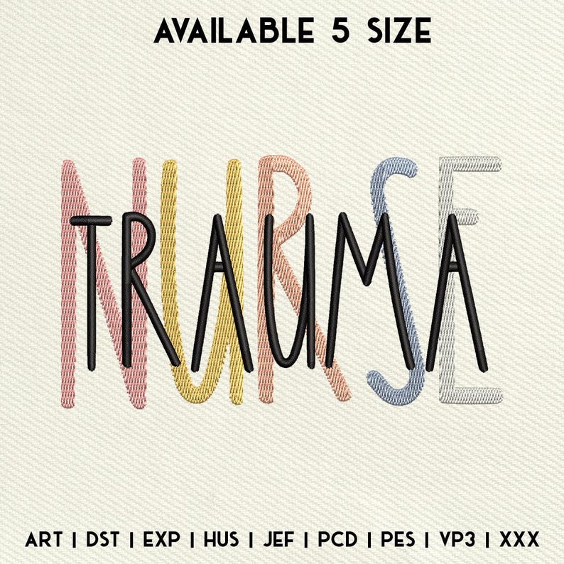 May include: Embroidered design of the word "TRAUMA" with the letters in different colors, including pink, yellow, orange, and blue. The text "AVAILABLE 5 SIZE" is at the top of the image. The text "ART I DST I EXP | HUS | JEF | PCD | PES | VP3 | XXX" is at the bottom of the image.
