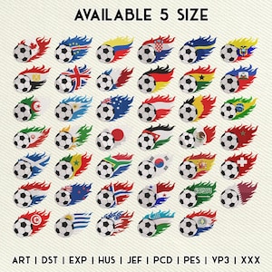 Puede incluir: Una colección de balones de fútbol con llamas, cada uno diseñado con la bandera de un país diferente. El texto "AVAILABLE 5 SIZE" está en la parte superior. La parte inferior de la imagen tiene el texto "ART | DST | EXP | HUS | JEF | PCD | PES | VP3 | XXX".