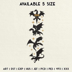 May include: Embroidered dragon designs in black, with gold star accents, and the text "AVAILABLE 5 SIZE" at the top. The bottom of the image displays embroidery file formats: ART, DST, EXP, HUS, JEF, PCD, PES, VP3, and XXX.