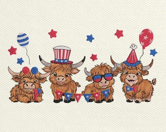 Highland Cow 4 juli-borduurontwerp, grappige Highland Cow-borduurontwerp, borduurwerk boerderijdieren, direct downloaden, inclusief 5 maten