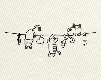 Hanging Cats Embroidery File, Cute Minimalist Line Art Kittens On String Funny Cat Embroidery Design, Instant Download
