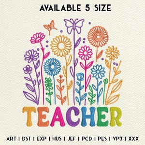 Teacher Wildflower Embroidery Design, Teacher Floral Embroidery File, Teacher Life Embroidery File, Back to School, Instant Download