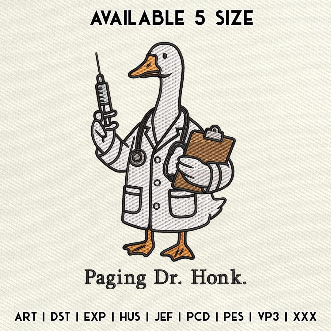 Doctor Goose Embroidery File, Funny Duck in Lab Coat With Syringe and ...