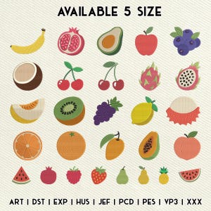 Può includere: Motivi di frutta ricamati, tra cui una banana, una mela, un avocado e uva. L'immagine include il testo "AVAILABLE 5 SIZE" e abbreviazioni dei tipi di file. I disegni sono colorati e dettagliati.