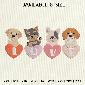 Valentine&#39;s Day Dog Love Embroidery Design, Valentine&#39;s Day Dog Face Embroidery, Dog Heart Machine Embroidery, Instant Download
