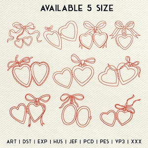 May include: A collection of red heart-shaped lockets with bows, presented in different styles. The image includes the text "AVAILABLE 5 SIZE" and file type abbreviations. The lockets are outlined in red, with some having decorative edges. The background is a light beige colour.