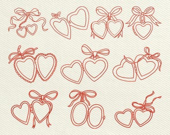 Heart Locket Embroidery File Bundle, Vintage Love Lockets With Bows Hearts, Instant Download