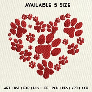 Dog Paw Heart Machine Embroidery Design, Paw Print Heart Embroidery Design, Valentine&#39;s Day Embroidery File, Instant Download, 5 Sizes