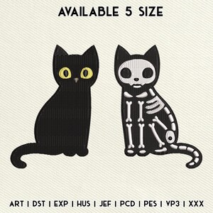 May include: Two black cat embroidery designs. One is a solid black cat with yellow eyes, and the other is a skeleton cat. The text "AVAILABLE 5 SIZE" is at the top. The bottom text includes embroidery file formats.