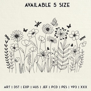 May include: An embroidered floral design in black thread, depicting flowers, butterflies, and dragonflies. The text "AVAILABLE 5 SIZE" is at the top. Embroidery file formats are listed at the bottom of the image.