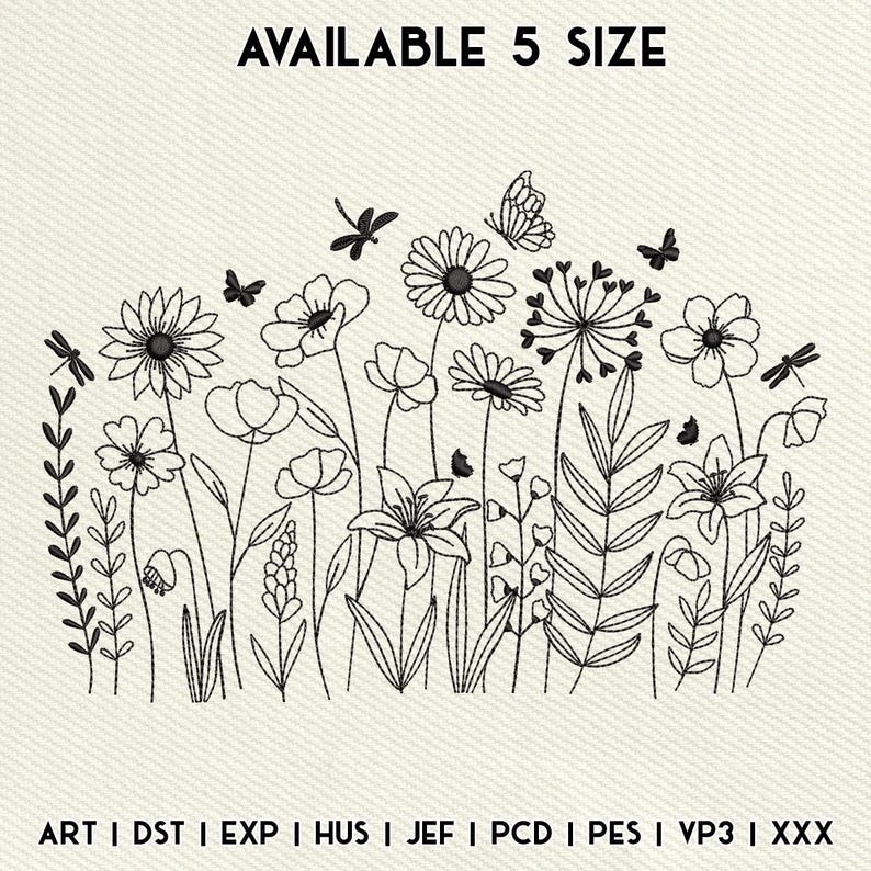 Wildflower Garden Embroidery File, Botanical Meadow Outline Design With ...