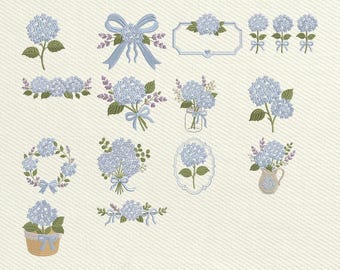 Blue Hydrangea Embroidery Bundle, Delicate Spring Floral Machine Files, Mini Hydrangea Flowers, PES DST, Instant Download