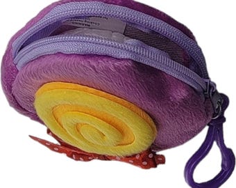 Purple Plush Coin Purse with Yellow Spiral Accent and Clip