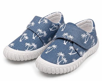 Blue Canvas Kids Shoes with White Palm Tree Print