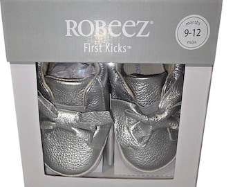 Robeez First Kicks Silver Baby Shoes Size 9-12 Months Soft Sole Moccasins