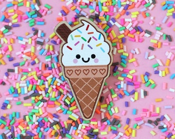 Ice Cream Wooden Pin Badge, Vanilla, Rainbow Sprinkles, Kawaii Cute Brooch by hannahdoodle