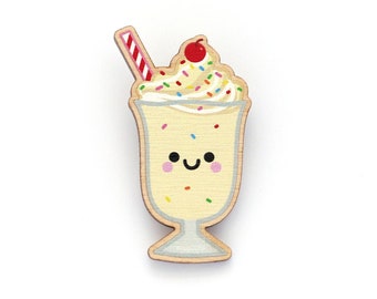 Milkshake Wooden Pin Badge, Vanilla Milkshake with Whipped Cream and Rainbow Sprinkles, Kawaii Brooch