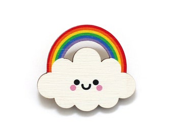 Rainbow Cloud Wooden Pin Badge - Bright Rainbow, Kawaii Accessory