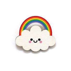 Rainbow Cloud Wooden Pin Badge - Bright Rainbow, Kawaii Accessory