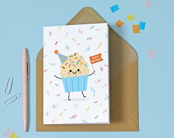 Cupcake Happy Birthday Card, Kawaii Happy Cupcake, Card for Kids, Confetti Illustration