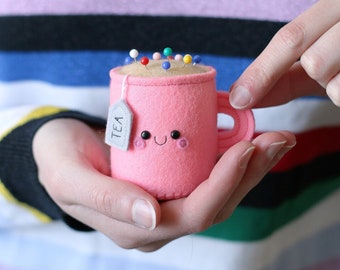 Highlighter Pink Teacup Pincushion, Felt Pin Storage, hannahdoodle, Happy Room Decor, Neon Pink