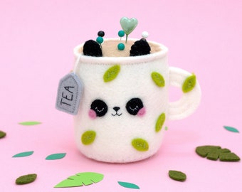 Panda Teacup Pincushion avec feuilles vertes, cadeau de couture personnalisé