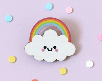 Rainbow Cloud Wooden Pin Badge - Pastel Rainbow, Kawaii Brooch by hannahdoodle