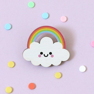 Rainbow Cloud Wooden Pin Badge - Pastel Rainbow, Kawaii Brooch by hannahdoodle