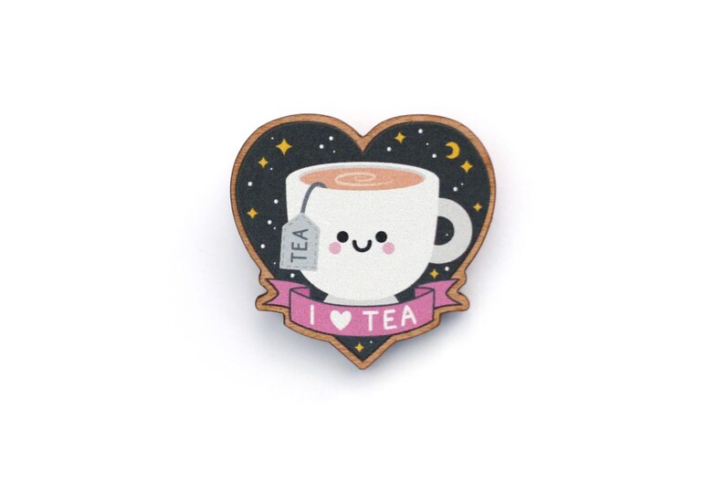 Tea Wooden Pin Badge, Kawaii Teacup Wood Brooch, Tea Gift Ideas image 1