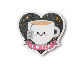 I Love Tea Sticker with Holographic Overlay Sequin Effect