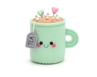 Pelote d'épingles à thé, cadeau tasse de thé menthe fait main, coussin aiguille, cadeau couturière, Happy Tea