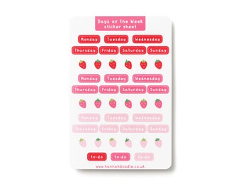 Days of the Week Strawberry Planner Sticker Sheet, Kawaii Glossy Decal, Journal Stickers by hannahdoodle