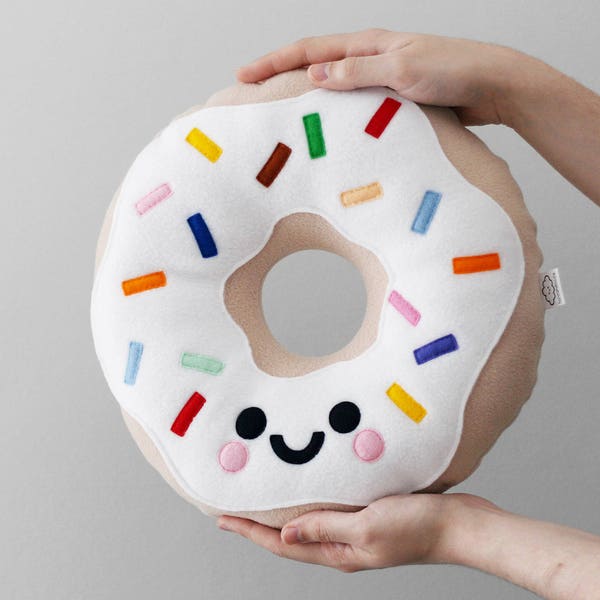 White Vanilla Donut Fleece Cushion, Kawaii Plushie, Travel Pillow, Kids Room Decor
