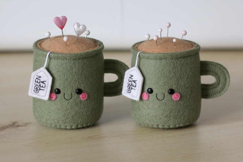 Green Tea Pincushion, Sewing Room Decor, Needle Cushion, Seamstress Gift, Handmade Pincushion image 7
