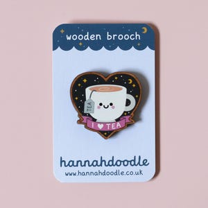 Tea Wooden Pin Badge, Kawaii Teacup Wood Brooch, Tea Gift Ideas image 6