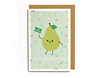 Pear Happy Birthday Card, 'Have a pear-fect birthday!', Funny Cute Card