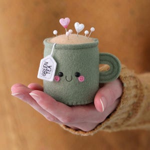 Green Tea Pincushion, Sewing Room Decor, Needle Cushion, Seamstress Gift, Handmade Pincushion image 1