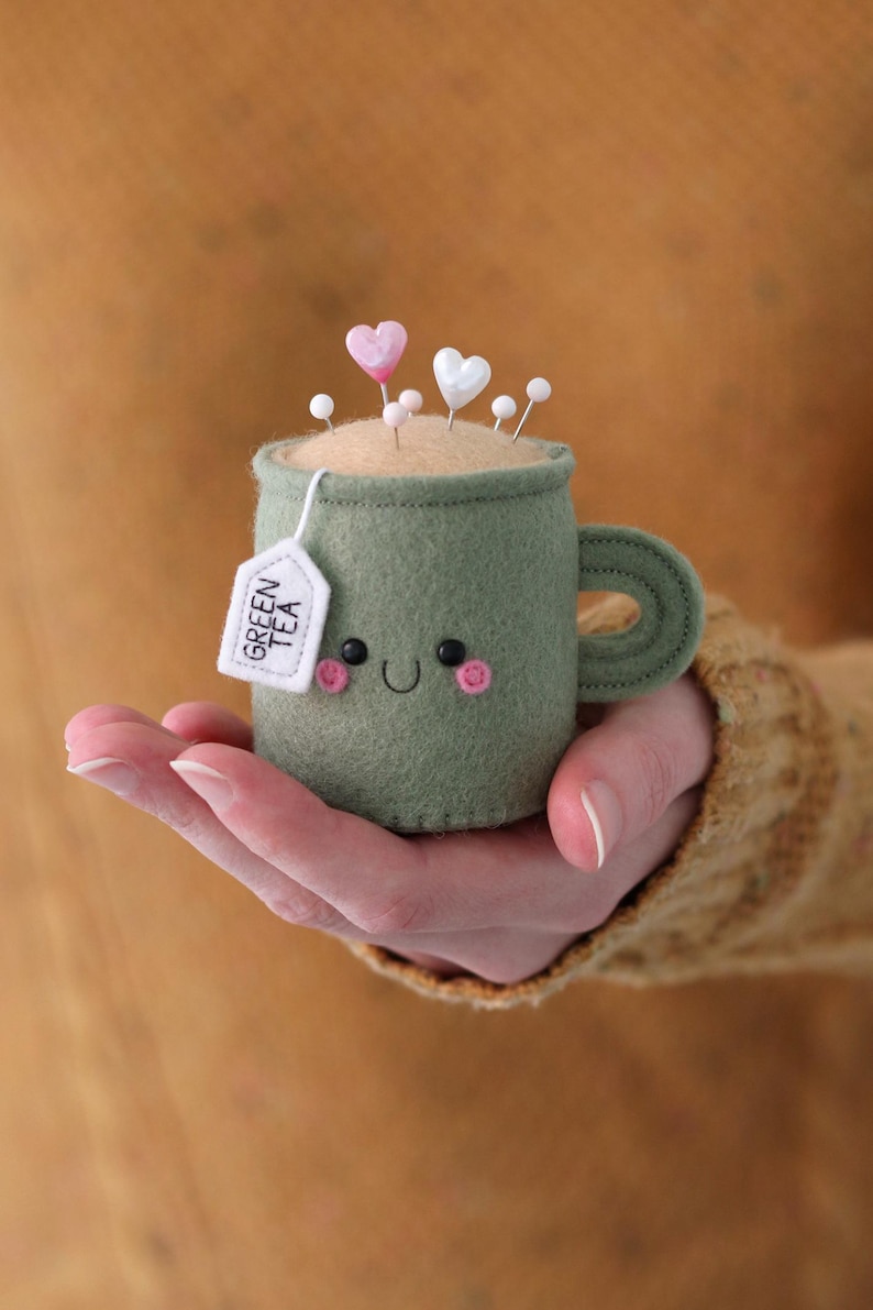 Green Tea Pincushion, Sewing Room Decor, Needle Cushion, Seamstress Gift, Handmade Pincushion image 1