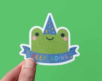 Wizard Frog Sticker with Holographic Overlay Sequin Effect, Keep Going