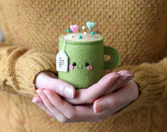 Green Tea Pincushion, Sewing Room Decor, Needle Cushion, Seamstress Gift, Handmade Pincushion