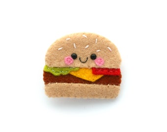 Cheeseburger Felt Brooch, Kawaii Burger Pin, Cute Face Accessory, Handmade in the UK