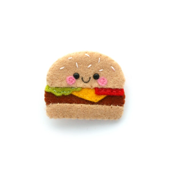 Cheeseburger Felt Brooch, Kawaii Burger Pin, Cute Face Accessory, Handmade in the UK