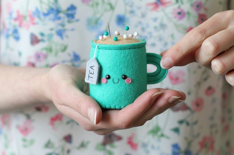 Emerald Green Teacup Pincushion, Felt Pin Storage, hannahdoodle, Happy Room Decor, Sewing Gift image 3