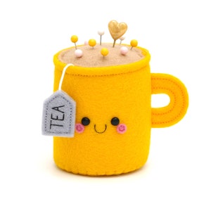 Teacup Pincushion in Sunshine Yellow, Fun Tea Pin Cushion, Gift for Crafters, Craft Room Decor