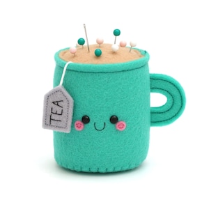 Emerald Green Teacup Pincushion, Felt Pin Storage, hannahdoodle, Happy Room Decor, Sewing Gift image 1