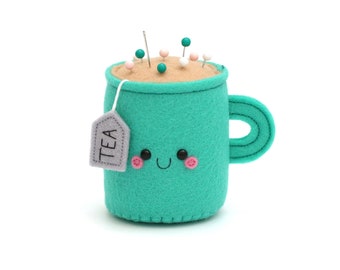 Coussin à épingles tasse à thé vert émeraude, rangement pour épingles en feutre, hannahdoodle, décoration de chambre heureuse, cadeau de couture