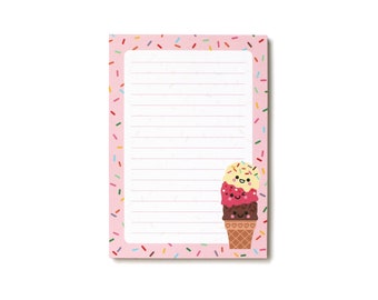 Ice Cream A6 Notepad, Neapolitan Cone Scoops, Lined Notepad Stationery by hannahdoodle